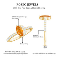 Minimal Marquise Fire Opal and Diamond Engagement Ring by Rosec Jewels, showcasing the elegant marquise-shaped fire opal with diamond accents.