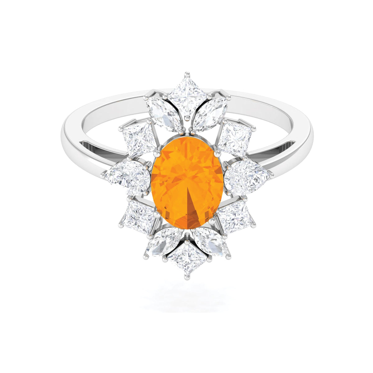 Oval fire opal cocktail engagement ring with moissanite accents by Rosec Jewels, showcasing the vibrant orange gemstone and sparkling band.