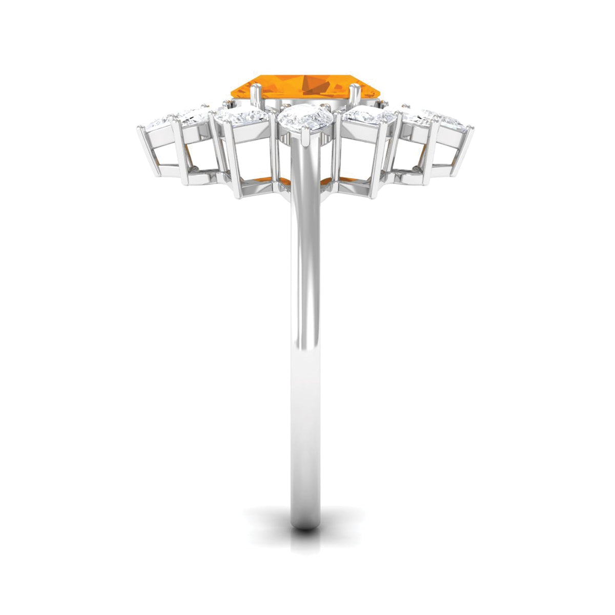 Oval fire opal cocktail engagement ring with moissanite accents, featuring a gold band and intricate detailing.
