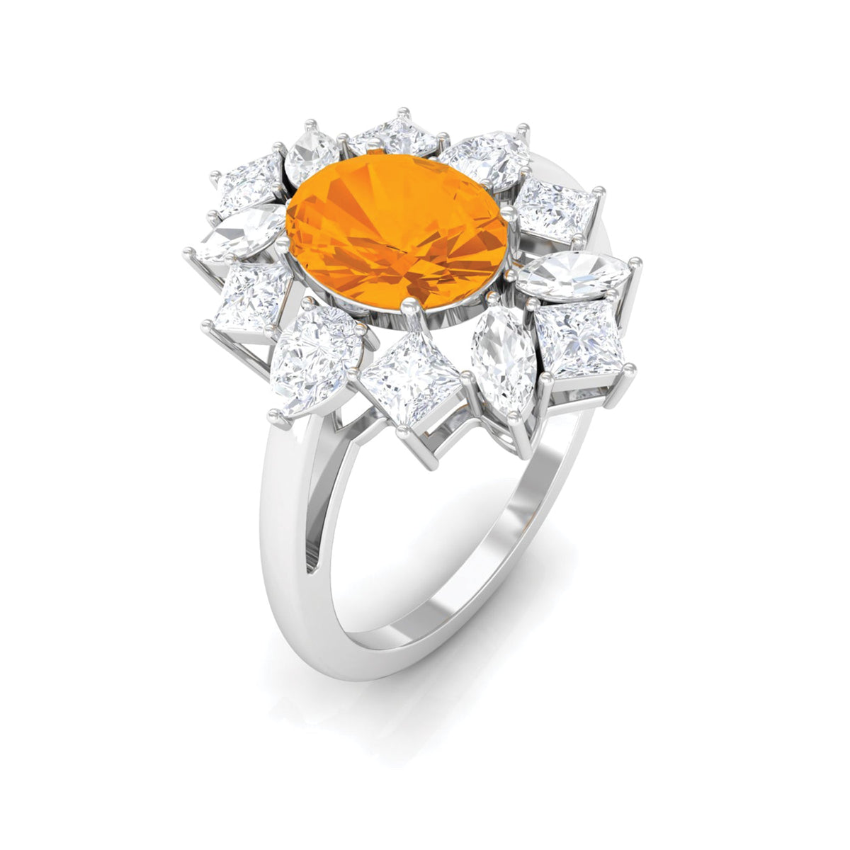 Oval fire opal cocktail engagement ring with 2.25 carats and moissanite accents from Rosec Jewels, featuring a sparkling gemstone design.