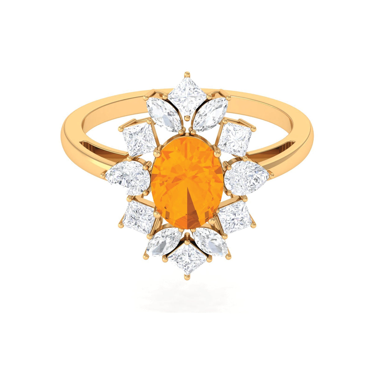 Oval fire opal cocktail engagement ring with moissanite accents, featuring a 2.25 CT center stone, by Rosec Jewels.