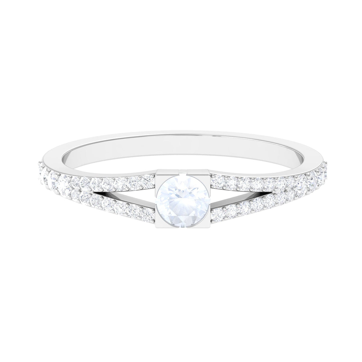Minimal moonstone and diamond promise ring with split shank design from Rosec Jewels, featuring 3/4 ct stones and elegant craftsmanship.