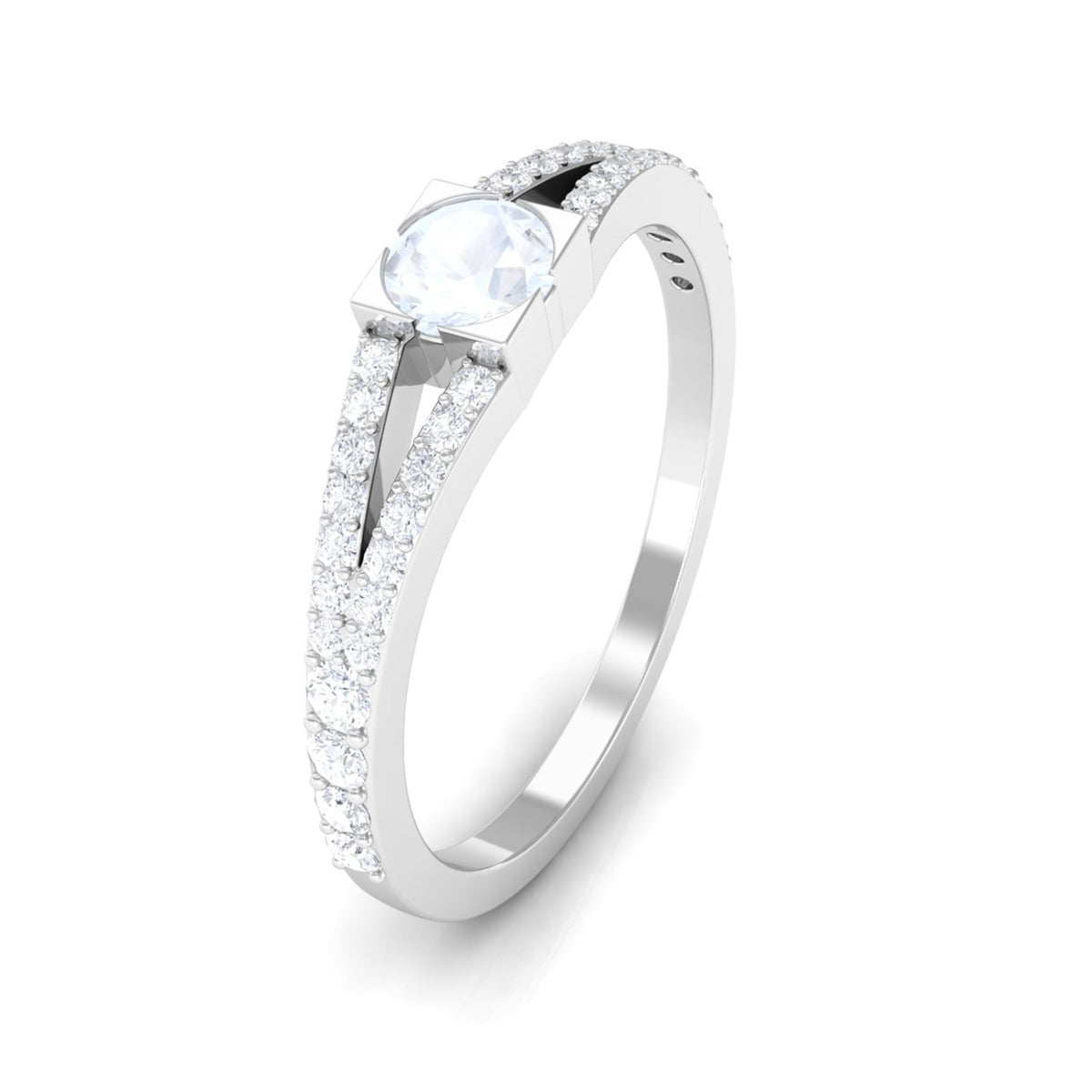 Minimal moonstone and diamond promise ring with a split shank design, featuring 3/4 carats, from Rosec Jewels.