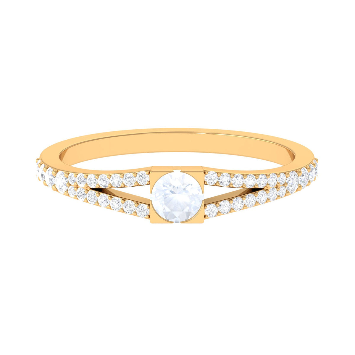Rosec Jewels 3/4 CT moonstone and diamond promise ring with split shank design, featuring a minimal and elegant style.