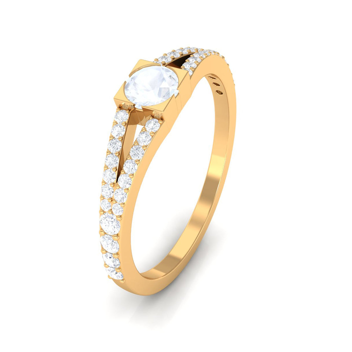 3/4 CT minimal moonstone and diamond split shank promise ring from Rosec Jewels featuring a luminous moonstone centerpiece and sparkling diamonds.