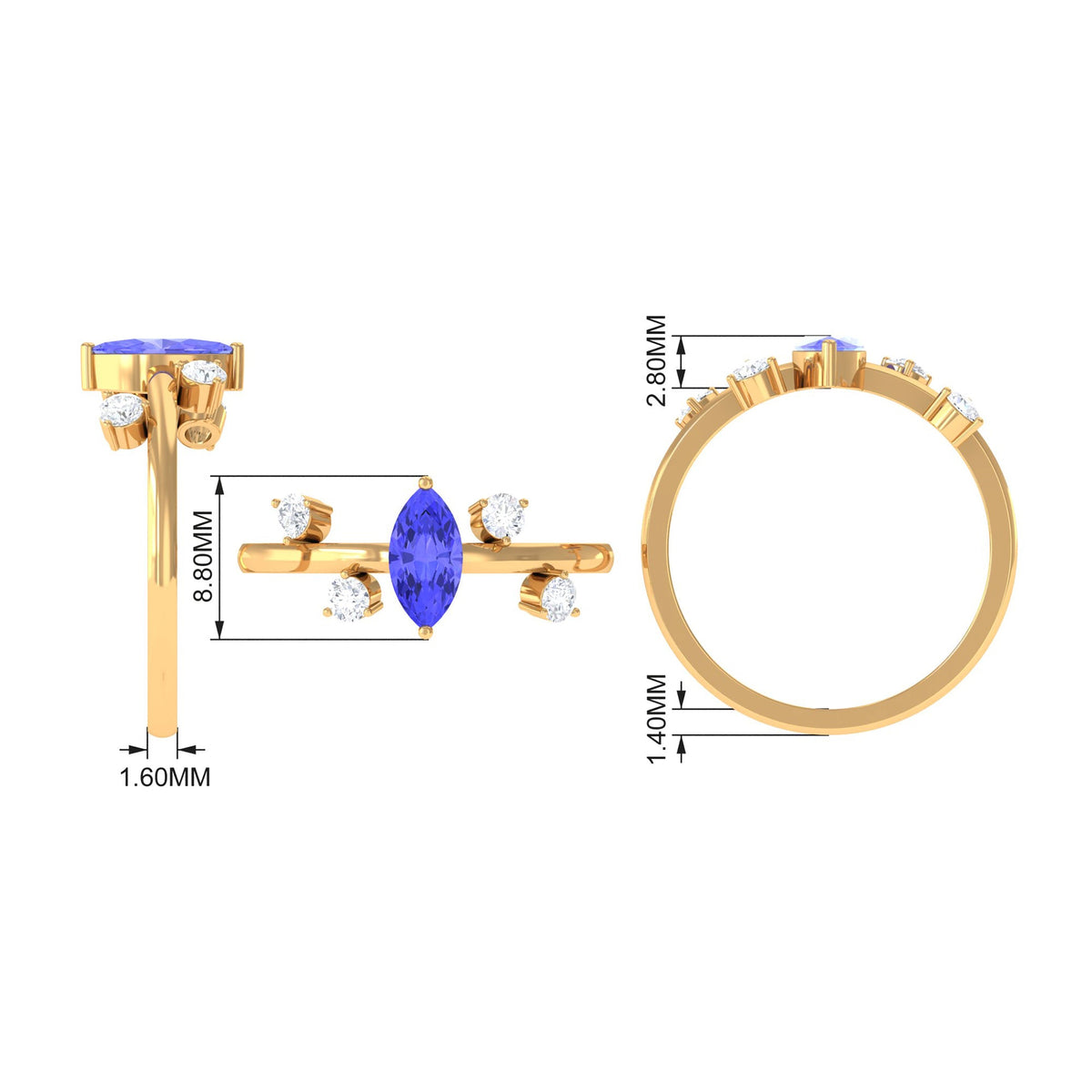Rosec Jewels 1 CT Marquise Tanzanite solitaire ring with scatter diamond accents, elegant gold band, fine jewelry for special occasions