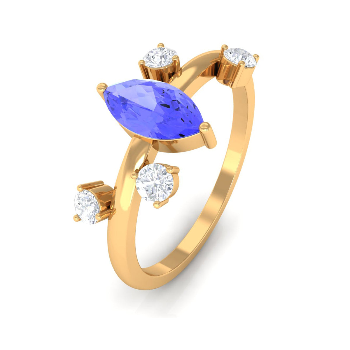 Rosec Jewels 1 CT marquise tanzanite solitaire ring with scatter diamonds, showcasing an elegant gold band and intricate design.