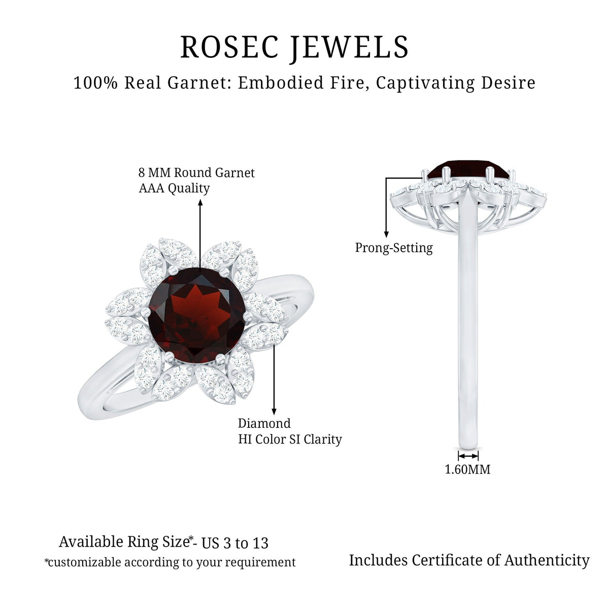 Certified Natural 8mm Garnet Flower Engagement Ring with Diamond
