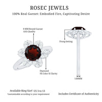 Certified Natural 8mm Garnet Flower Engagement Ring with Diamond