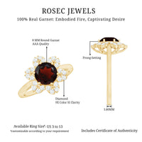 Certified Natural 8mm Garnet Flower Engagement Ring with Diamond