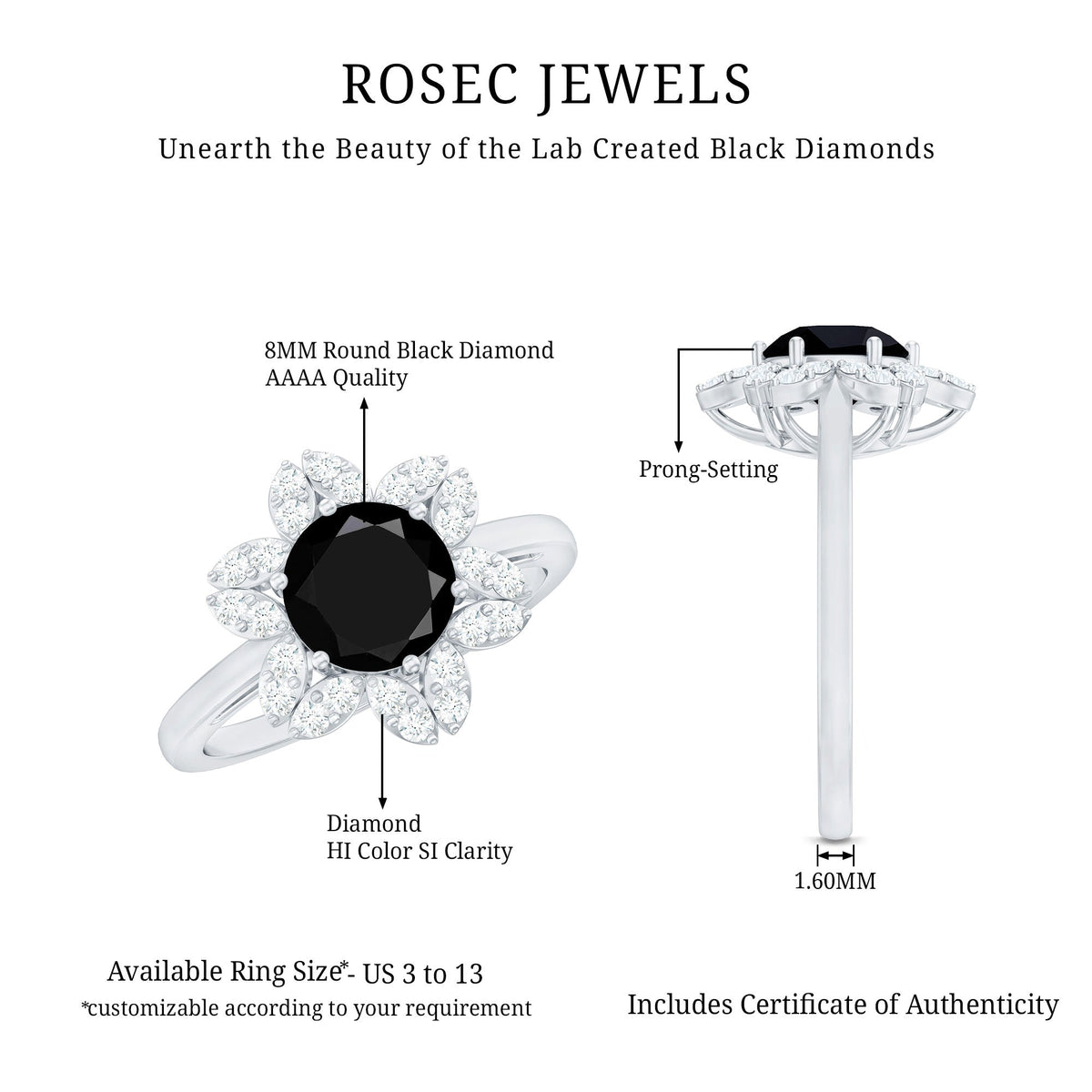 Certified 2 Carat Lab Grown Black and White Diamond Flower Engagement Ring