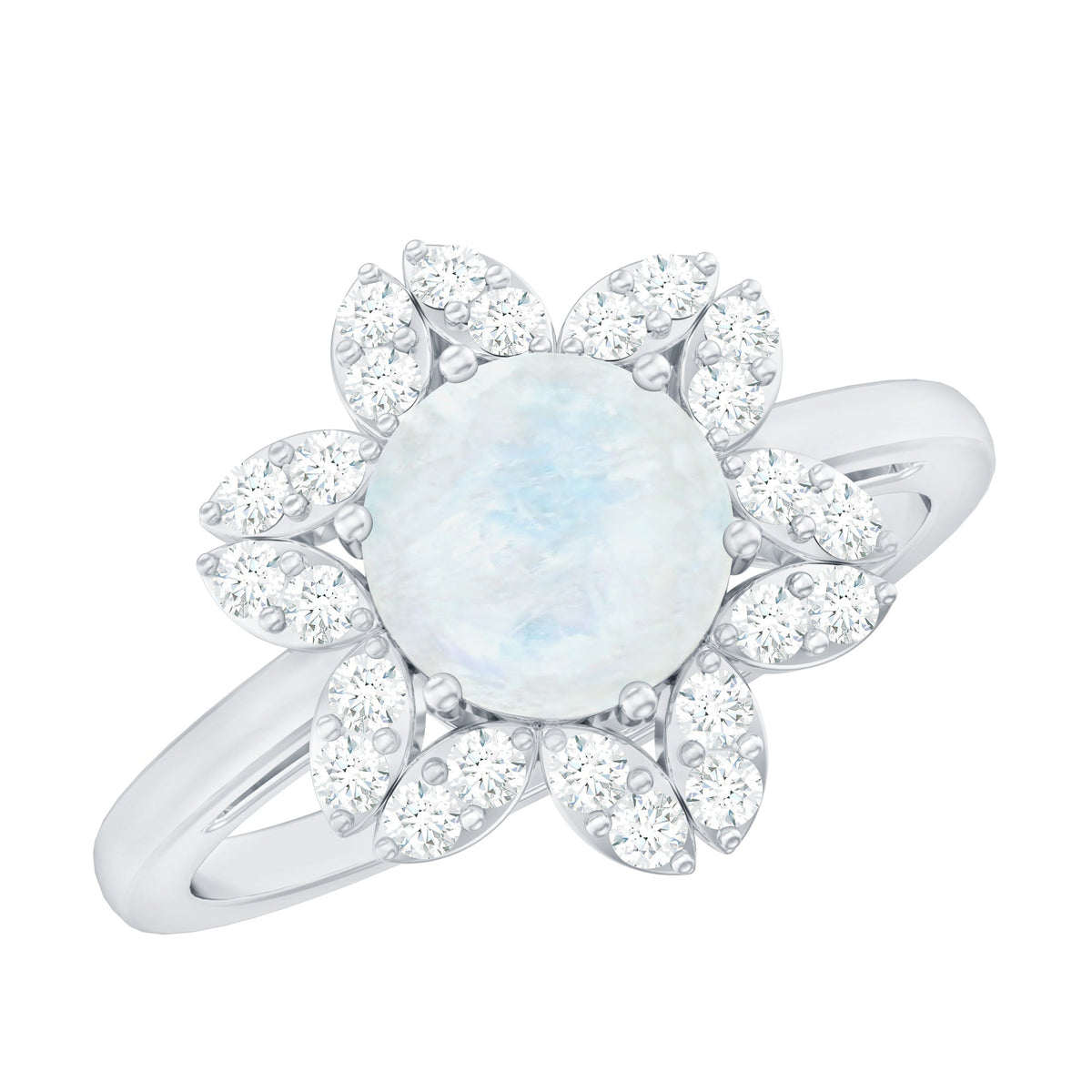 0.85 CT moonstone and diamond floral halo engagement ring by Rosec Jewels, showcasing intricate design and sparkling gemstones.