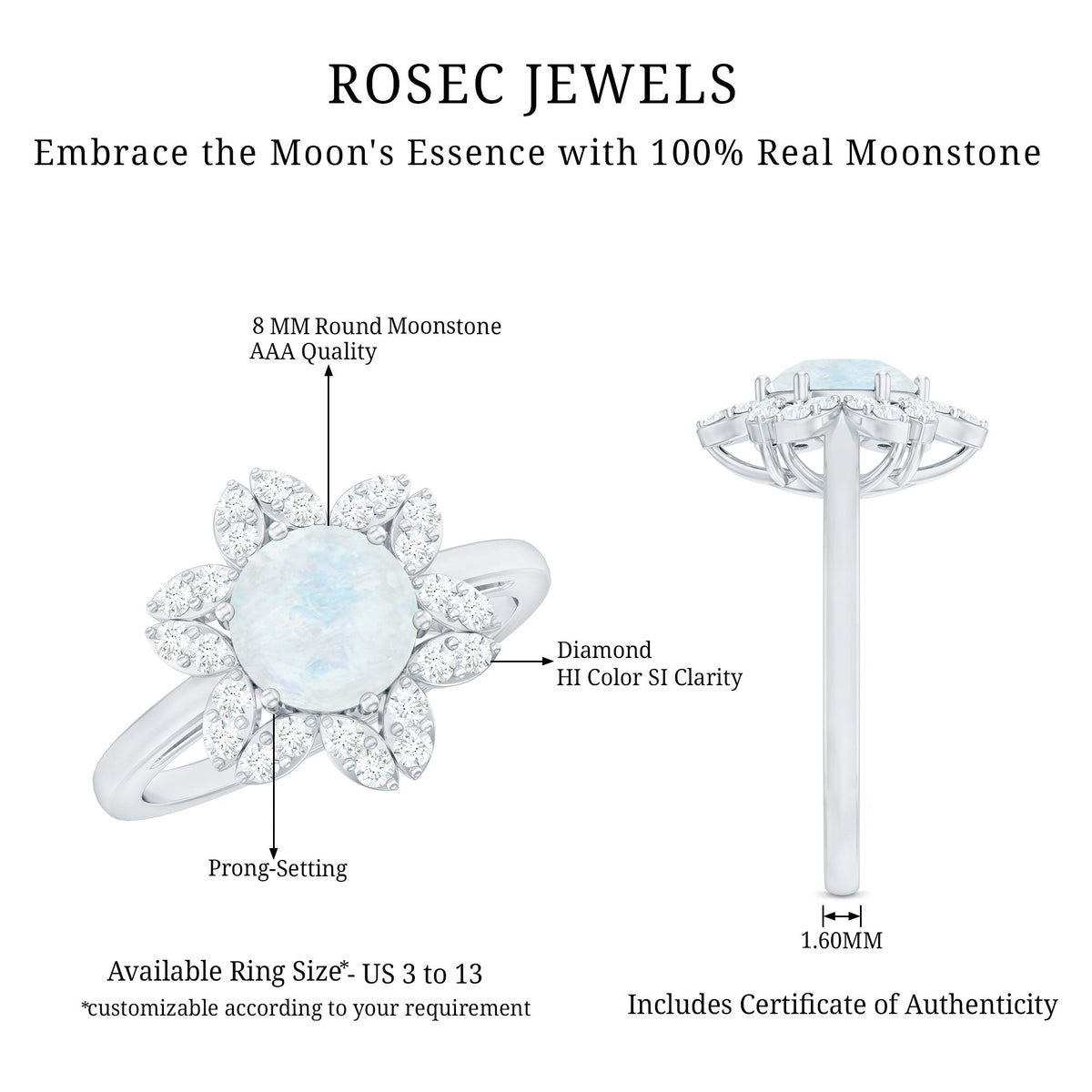 0.85 CT moonstone and diamond floral halo engagement ring by Rosec Jewels, showcasing intricate floral design and sparkling gemstones.