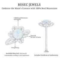 0.85 CT moonstone and diamond floral halo engagement ring by Rosec Jewels, showcasing intricate floral design and sparkling gemstones.