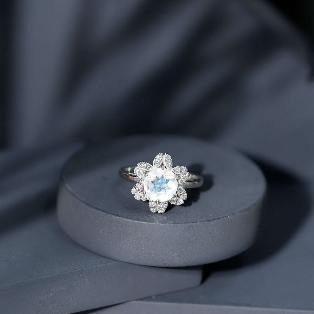 0.85 CT moonstone and diamond floral halo engagement ring by Rosec Jewels, showcasing intricate design and sparkling gemstones.