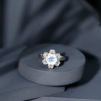 0.85 CT moonstone and diamond floral halo engagement ring by Rosec Jewels, showcasing intricate design and sparkling gemstones.