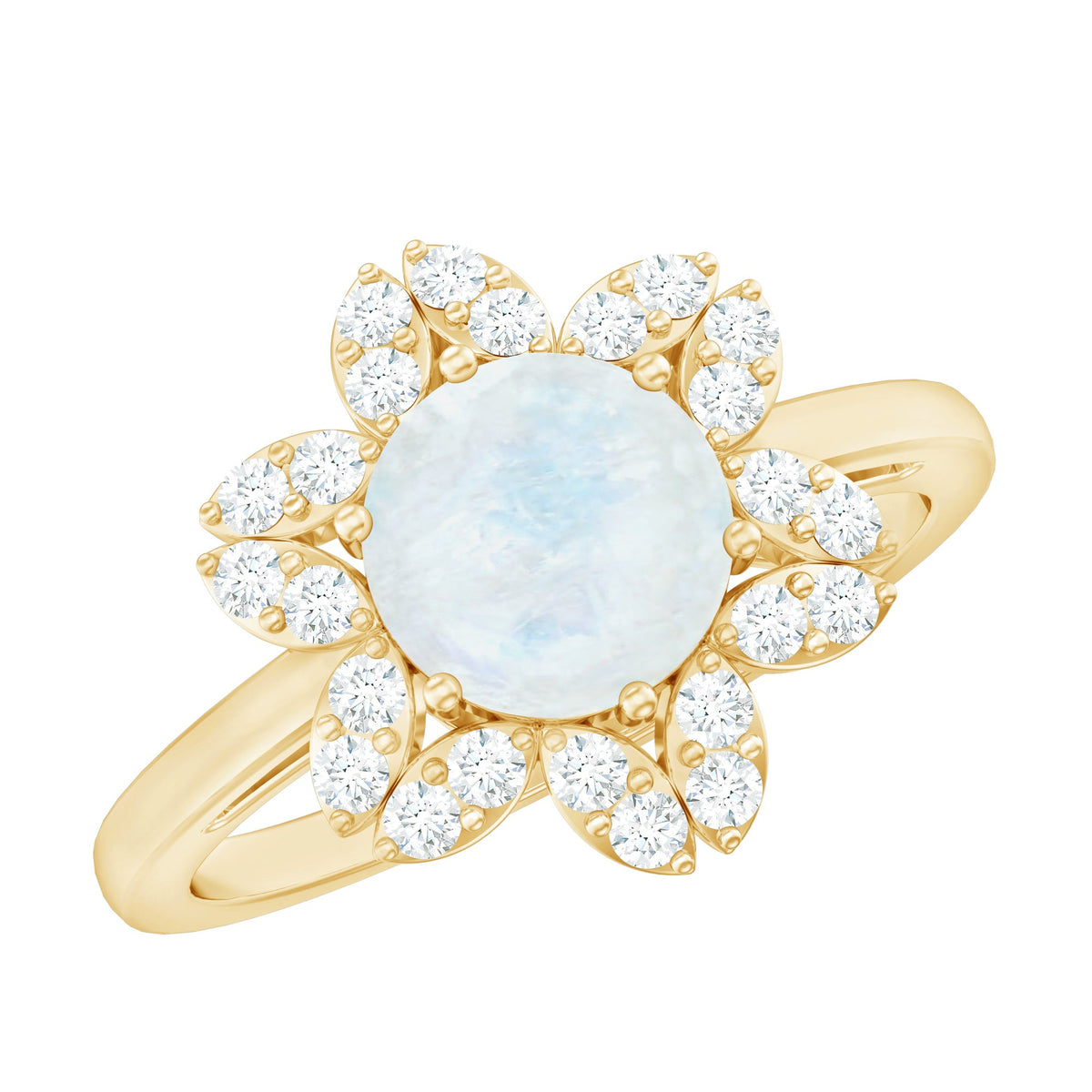 0.85 CT moonstone and diamond floral halo engagement ring from Rosec Jewels featuring intricate floral design and sparkling stones.