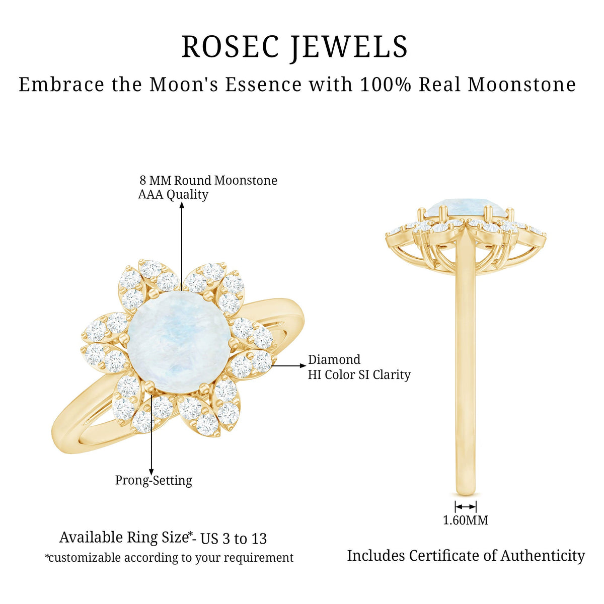 0.85 CT moonstone and diamond floral halo engagement ring by Rosec Jewels featuring a central moonstone and surrounding diamonds.