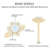 0.85 CT moonstone and diamond floral halo engagement ring by Rosec Jewels featuring a central moonstone and surrounding diamonds.