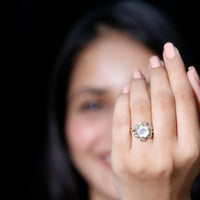 0.85 CT moonstone and diamond floral halo engagement ring by Rosec Jewels, featuring intricate floral design and sparkling gemstones.