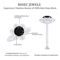 Genuine Round Cut Black Onyx Flower Engagement Ring with Diamonds