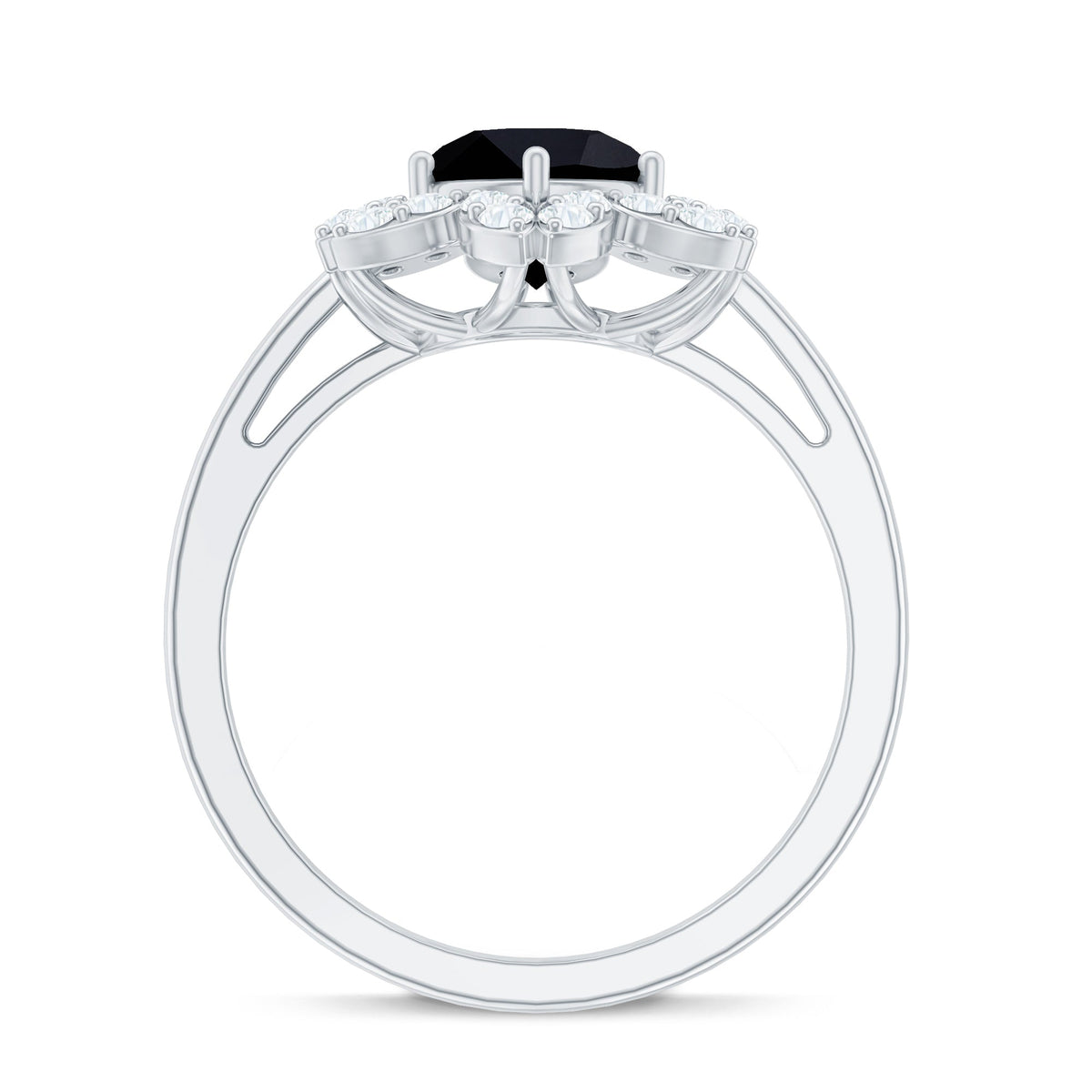 Genuine Round Cut Black Onyx Flower Engagement Ring with Diamonds