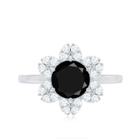 Genuine Round Cut Black Onyx Flower Engagement Ring with Diamonds