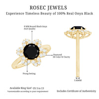 Genuine Round Cut Black Onyx Flower Engagement Ring with Diamonds