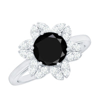 Natural 2.5 Carat Black Spinel Flower Engagement Ring with Diamond