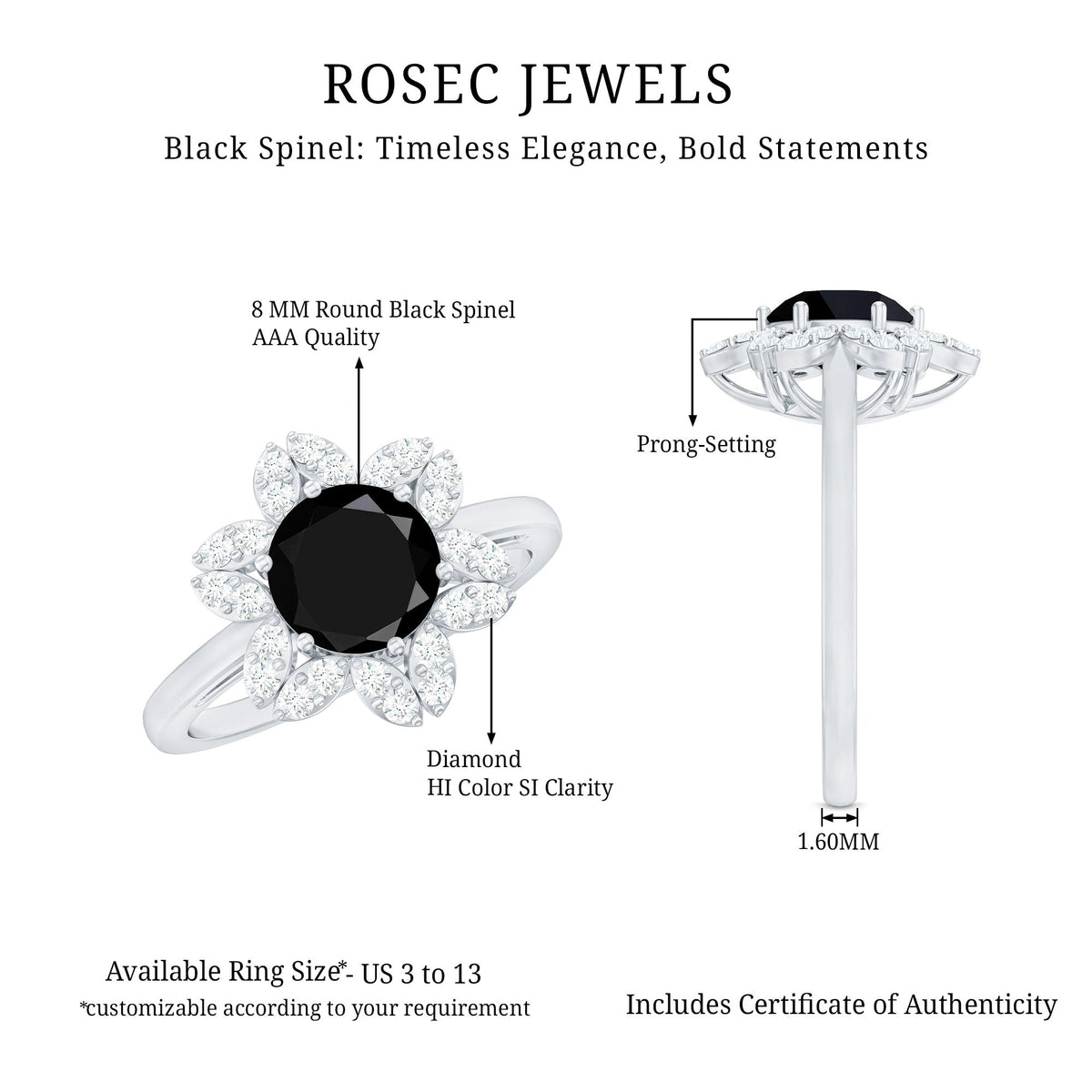 Natural 2.5 Carat Black Spinel Flower Engagement Ring with Diamond