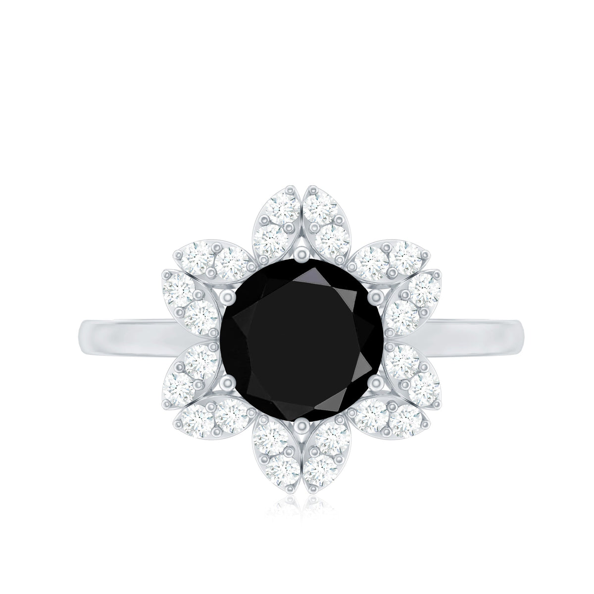 Natural 2.5 Carat Black Spinel Flower Engagement Ring with Diamond