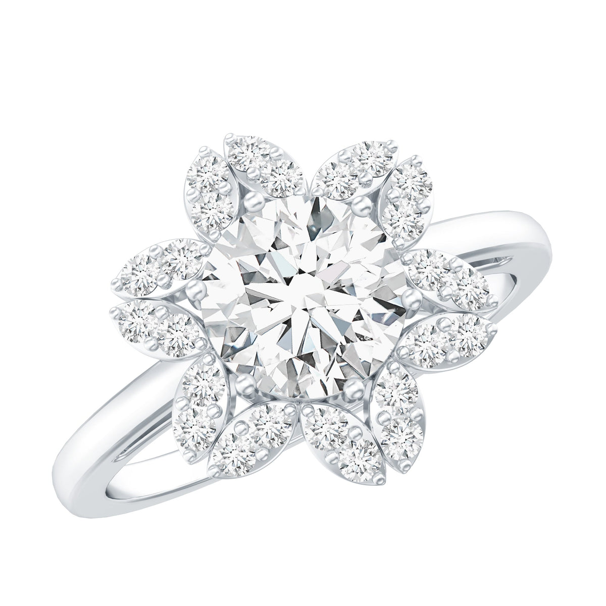 Certified Moissanite flower halo engagement ring for women featuring a sparkling center stone and intricate floral design.