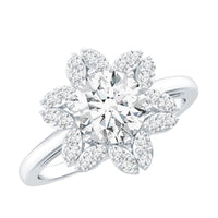 Certified Moissanite flower halo engagement ring for women featuring a sparkling center stone and intricate floral design.