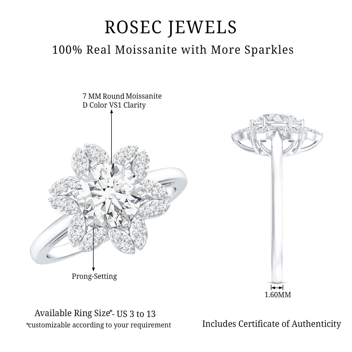 Certified moissanite flower halo engagement ring for women with intricate floral design and sparkling center stone from Rosec Jewels.
