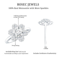 Certified moissanite flower halo engagement ring for women with intricate floral design and sparkling center stone from Rosec Jewels.