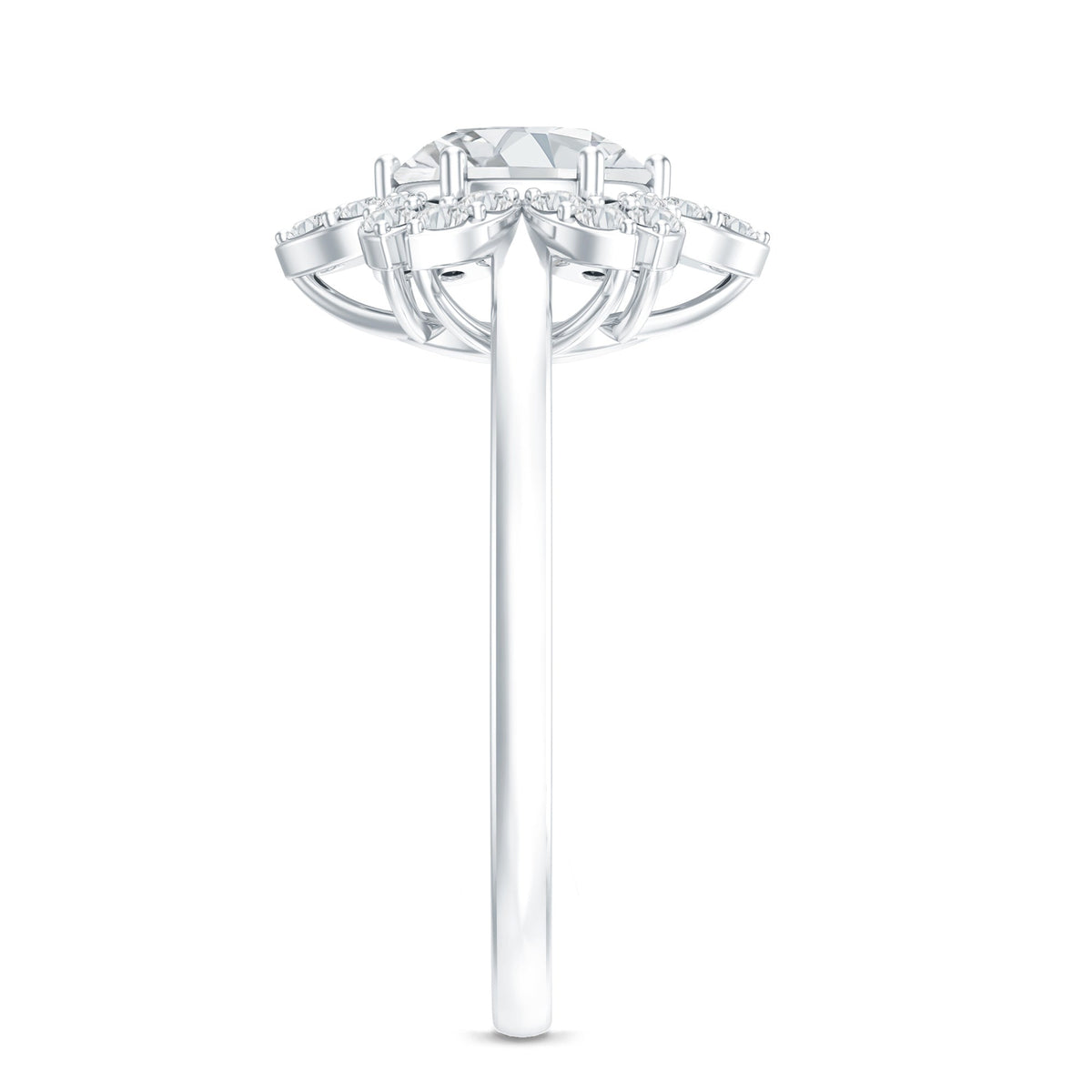 Rosec Jewels certified moissanite flower halo engagement ring for women, featuring a sparkling central stone and intricate floral design.