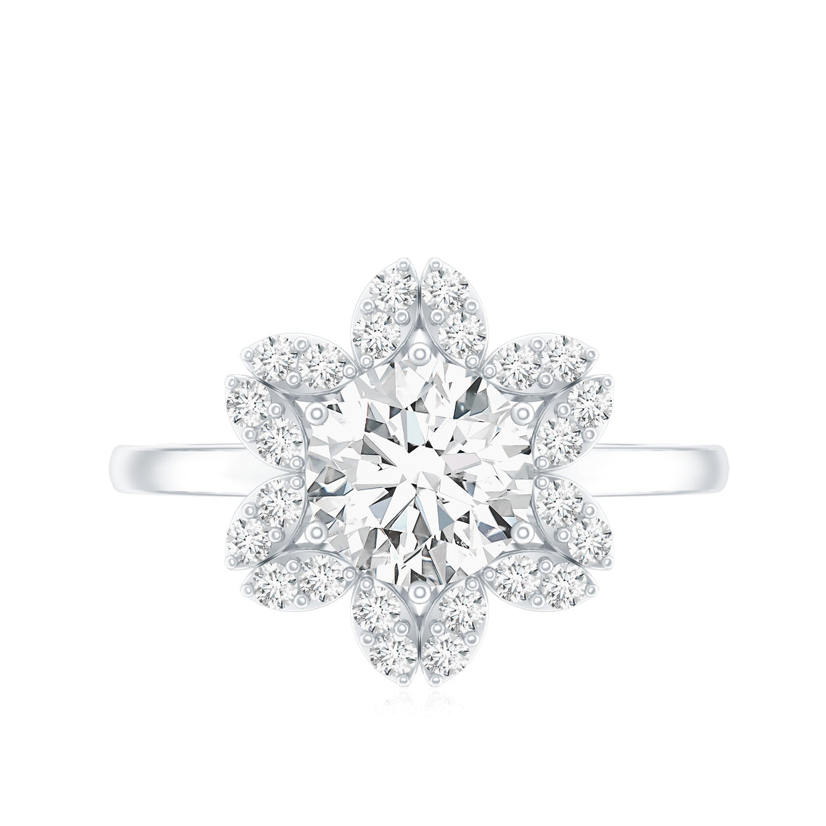 Certified Moissanite flower halo engagement ring for women with intricate floral design and sparkling stones, crafted by Rosec Jewels.