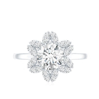 Certified Moissanite flower halo engagement ring for women with intricate floral design and sparkling stones, crafted by Rosec Jewels.