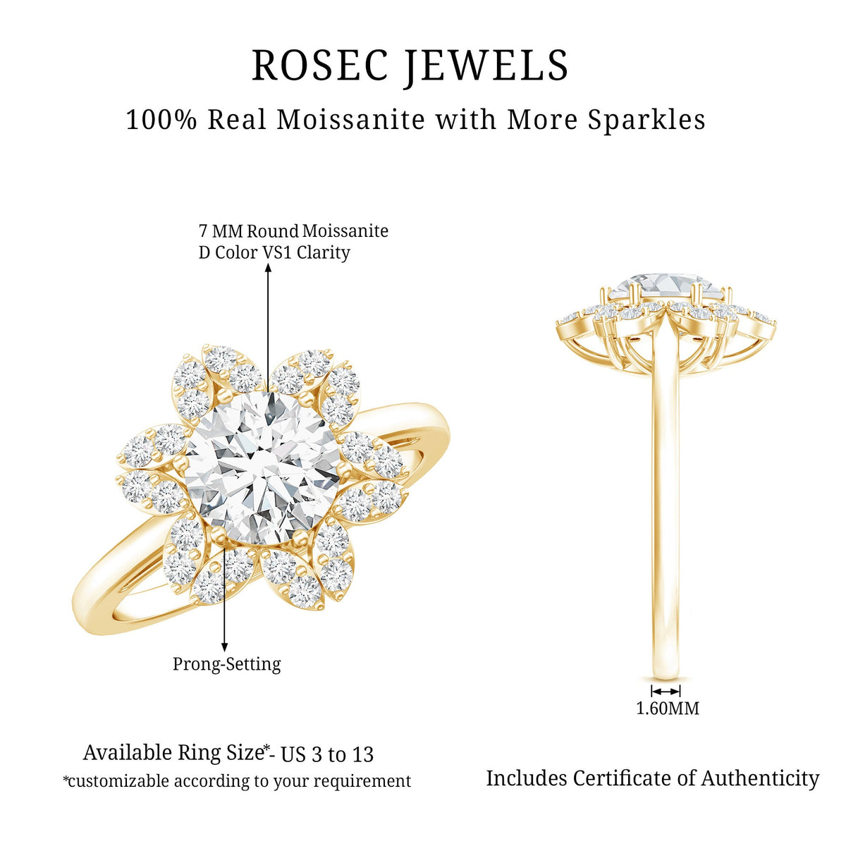Certified Moissanite Flower Halo Engagement Ring for Women by Rosec Jewels, featuring a sparkling flower-shaped halo design.