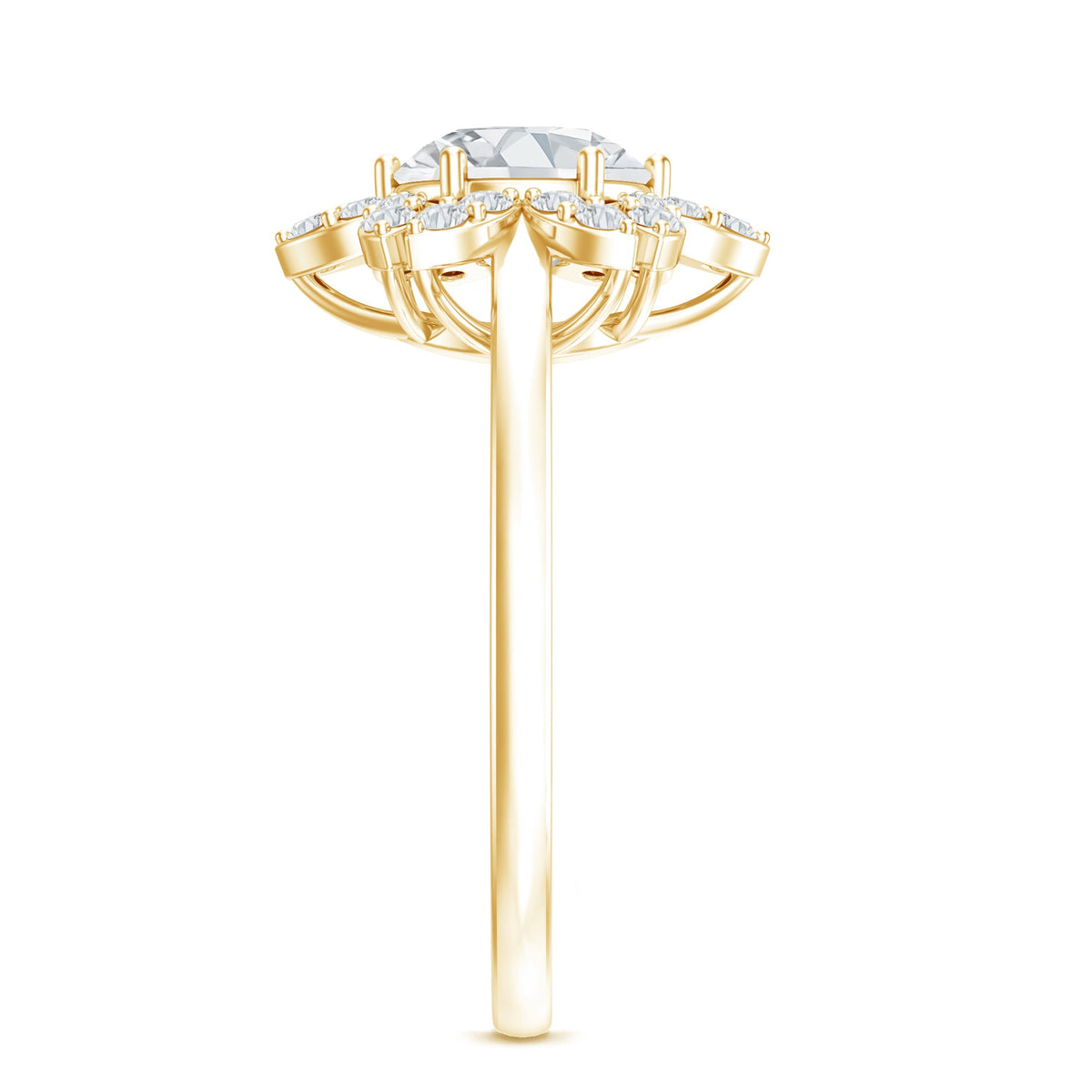 Certified Moissanite flower halo engagement ring for women featuring a central flower design with sparkling stones set in a silver band.