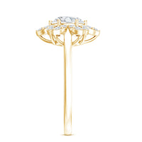 Certified Moissanite flower halo engagement ring for women featuring a central flower design with sparkling stones set in a silver band.