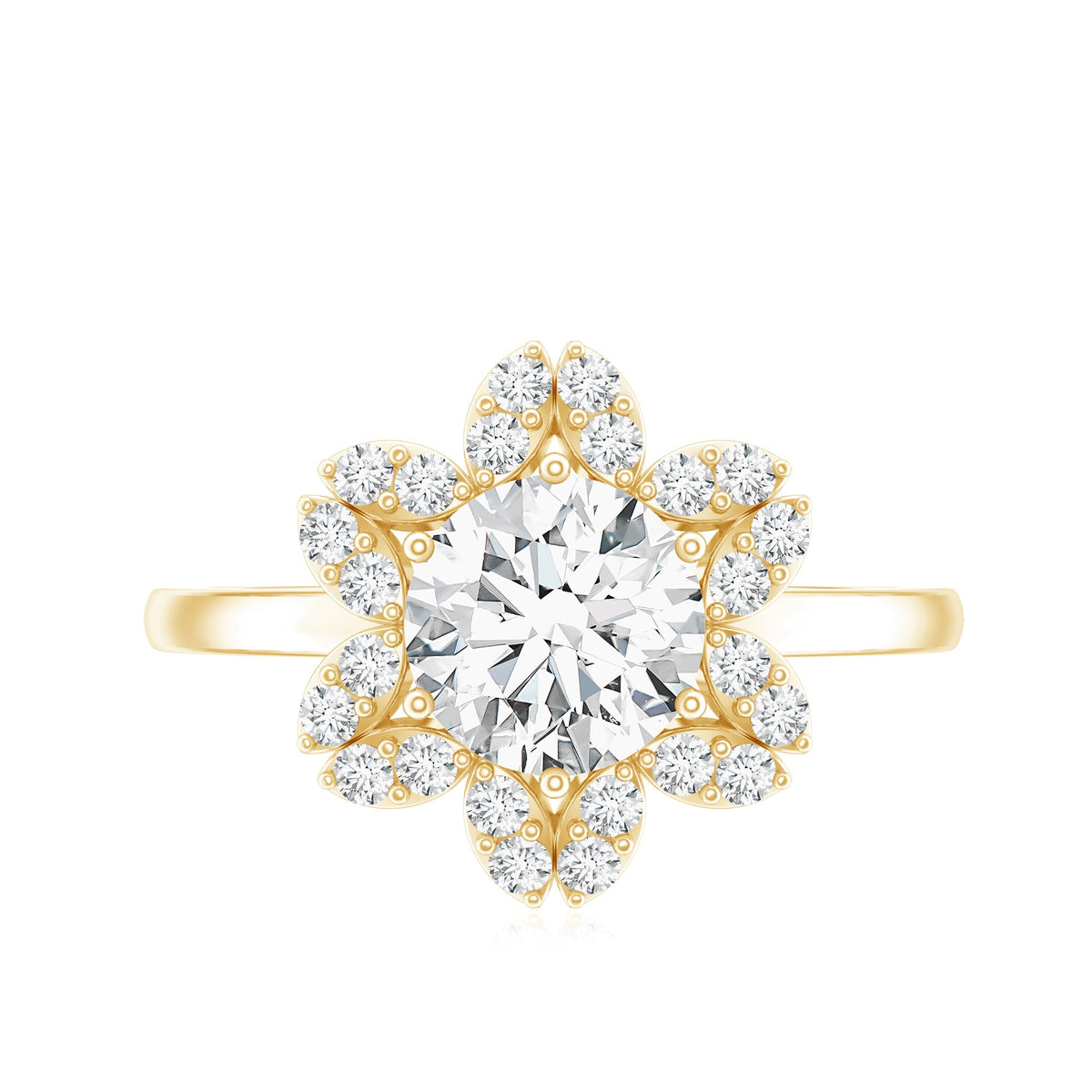 Certified Moissanite flower halo engagement ring for women featuring a central moissanite stone surrounded by a floral halo design.