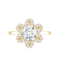 Certified Moissanite flower halo engagement ring for women featuring a central moissanite stone surrounded by a floral halo design.
