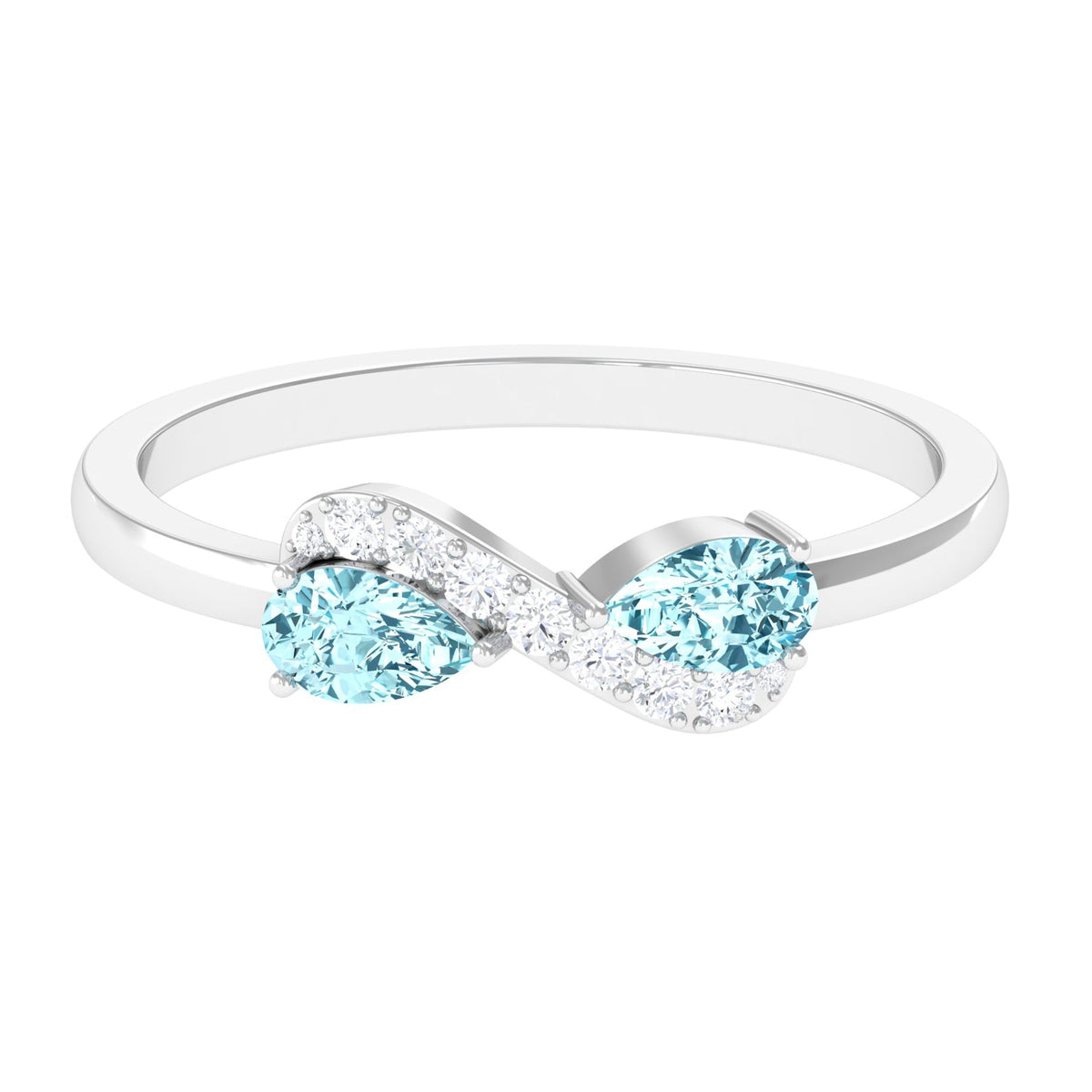 Rosec Jewels 1/2 CT pear-shaped aquamarine infinity promise ring with diamond accents, showcasing elegant jewelry design.