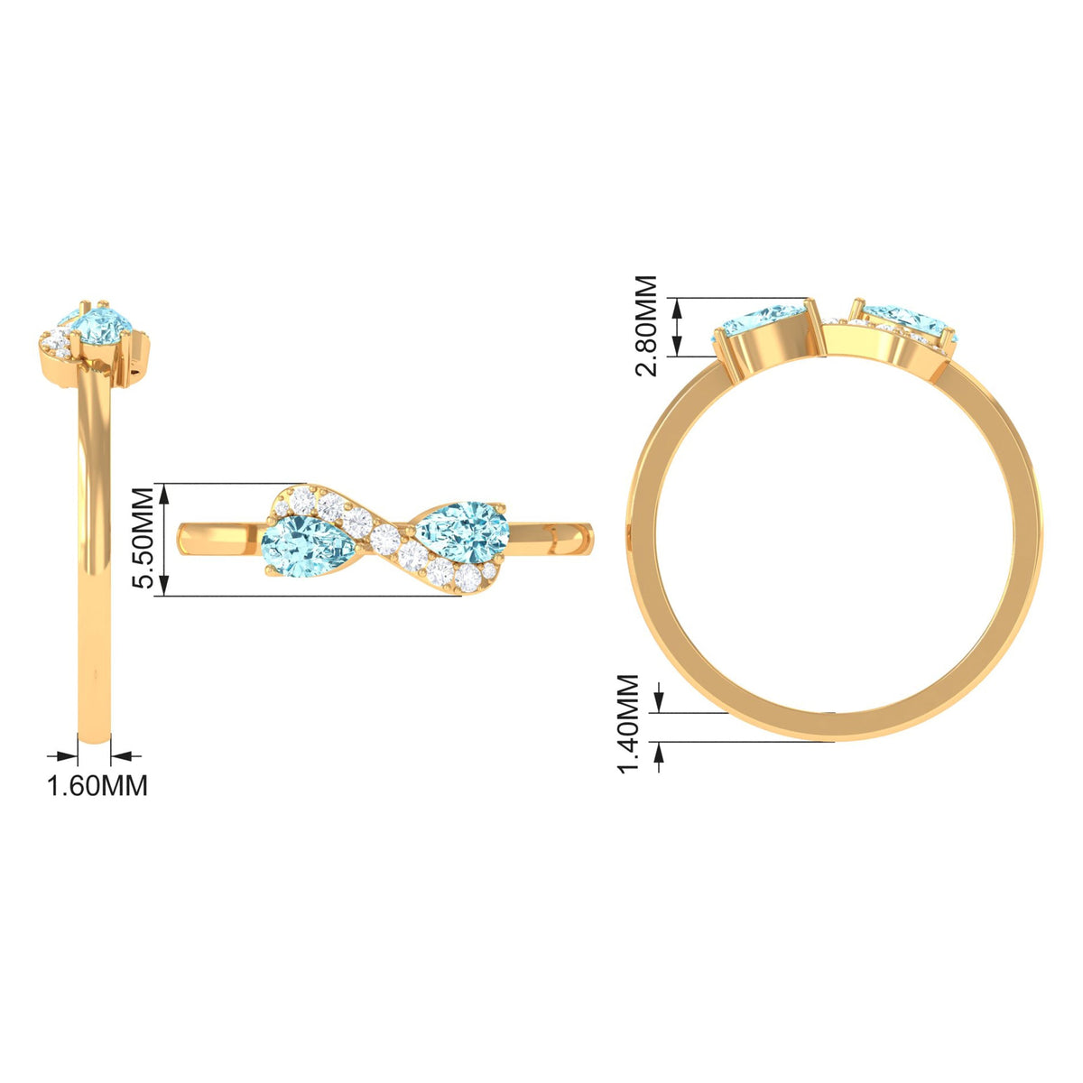 Rosec Jewels 1/2 CT pear-shaped aquamarine infinity promise ring with diamond accents, displayed on a white background.