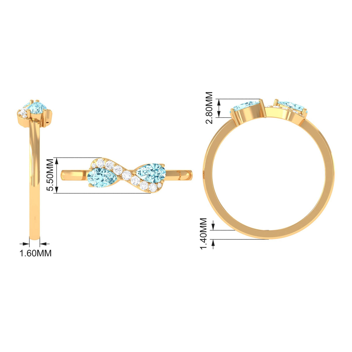 Rosec Jewels 1/2 CT pear aquamarine infinity promise ring with diamond, showcasing a detailed view of the elegant jewelry.