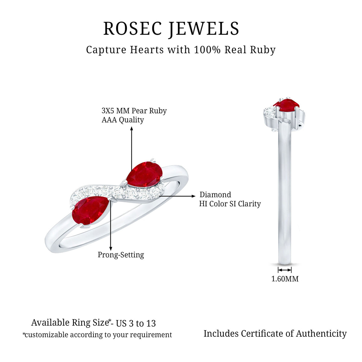 Natural pear-shaped ruby Toi Et Moi promise ring with diamond accents, crafted by Rosec Jewels.