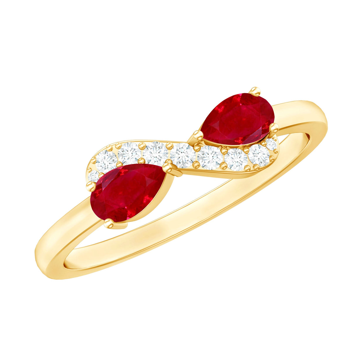 Natural pear-shaped ruby toi et moi promise ring with diamond accents from Rosec Jewels, showcasing the elegant design and gemstones.