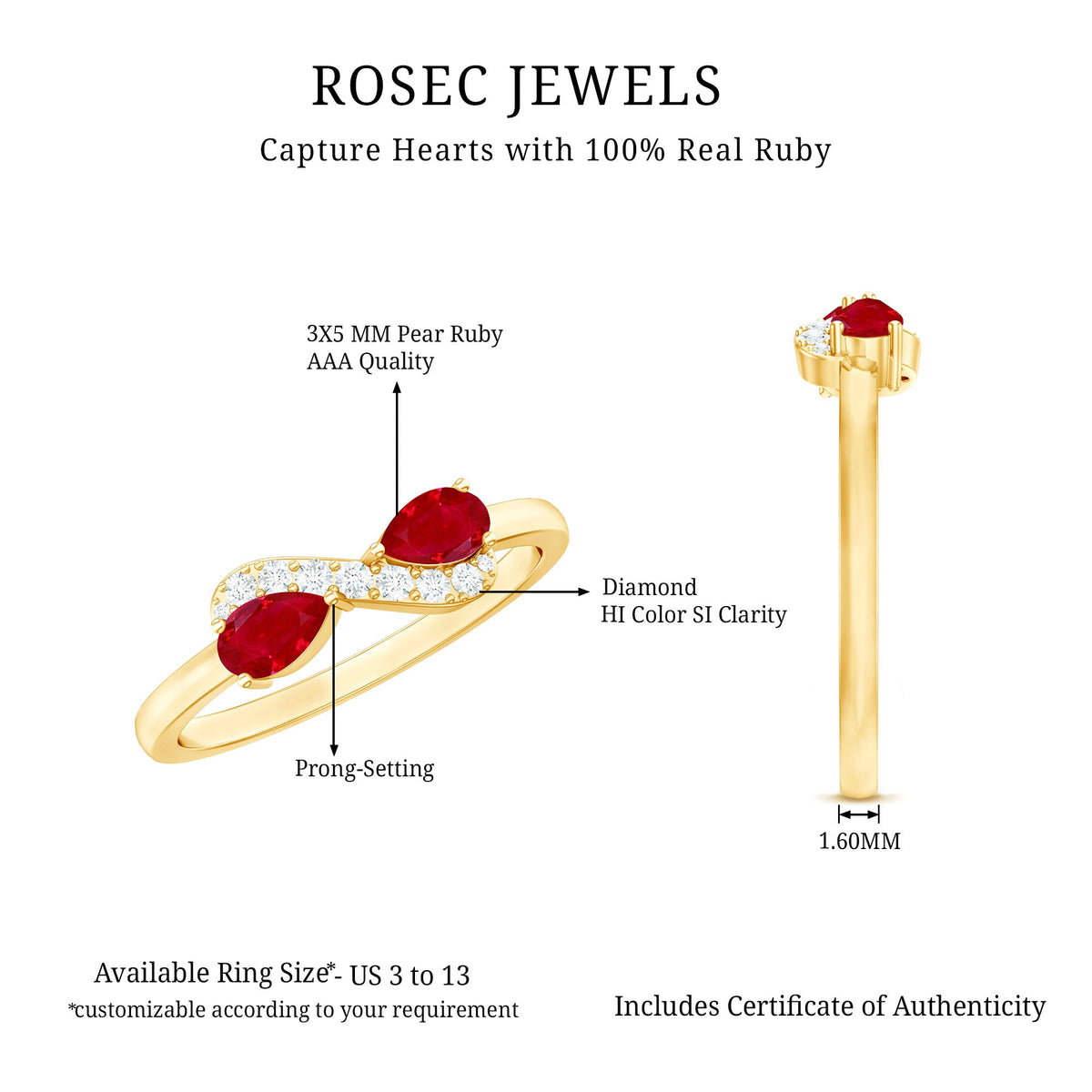 Pear-shaped ruby toi et moi promise ring by Rosec Jewels featuring a sparkling diamond and elegant natural gemstone design