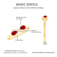 Pear-shaped ruby toi et moi promise ring by Rosec Jewels featuring a sparkling diamond and elegant natural gemstone design